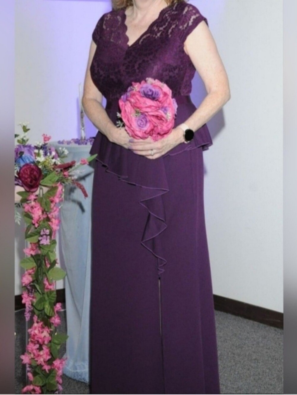 MISSMAY Women's Elegant Lace Ruffle Split Cocktail Party Long Dress Purple XL